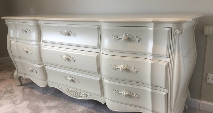 Spray painted chest of drawers in F&B Shaded White